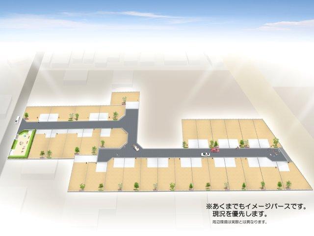 分譲地完成イメージパース。　新設のライフライン。ガス・上下水道水道完備。　分譲地内には新設の公園も出来ます。
