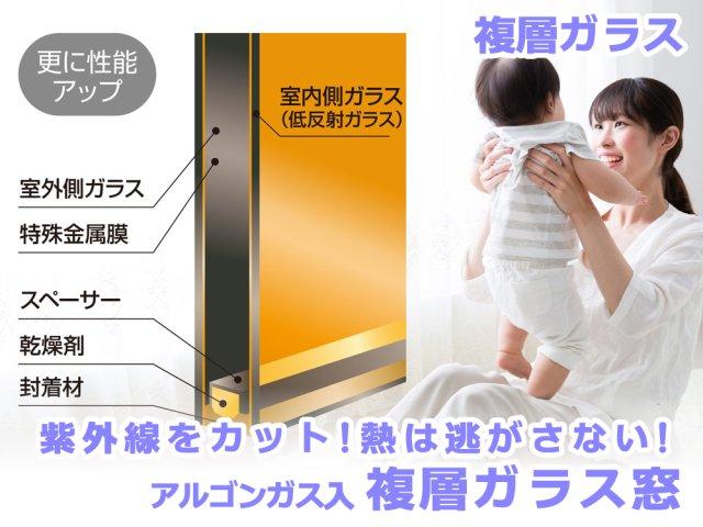 アルゴンガスと樹脂スペーサーで断熱効果アップ。更にLow-Eガラスを使用し遮熱効果をアップ