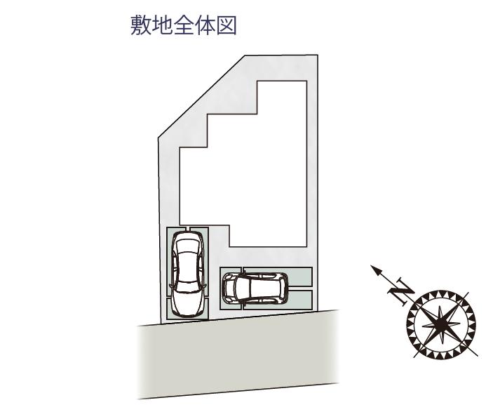 敷地形状を活かし、建物と駐車スペースをバランスよく配置。ゆとりあるカースペースを確保し、毎日の車の出し入れにも配慮した敷地計画です。