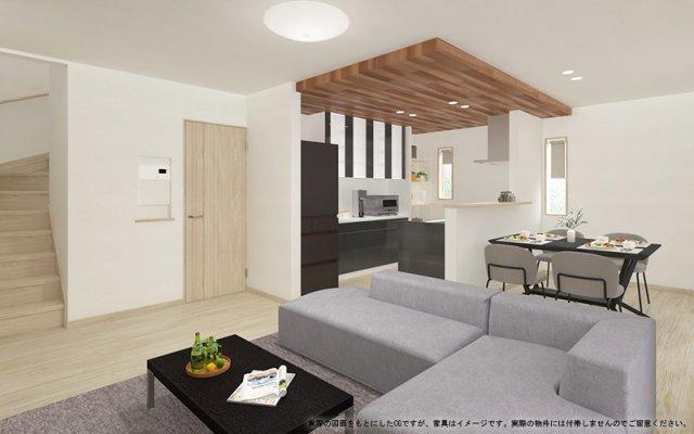 内観完成イメージパース　木の温もりと柔らかな素材が調和する、心地よい空間。