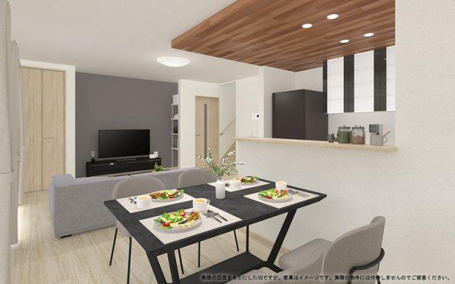 内観完成イメージパース　木目の温かみが調和する空間は、心地よい日常を奏でます。