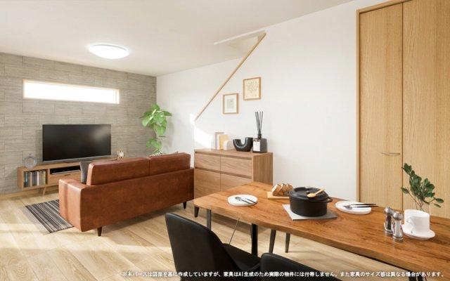木目の家具やアクセントクロスが心地よく調和し、家族が自然と集まる落ち着いたリビング・ダイニング。食事の時間も寛ぎの時間も、ゆったりと過ごせる住空間です。
