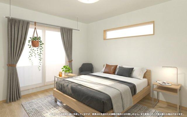 大きな開口部から明るい光が差し込む、開放感のある主寝室。落ち着いたインテリアが心地よい眠りと寛ぎの時間を演出し、プライベートタイムを豊かにしてくれます。