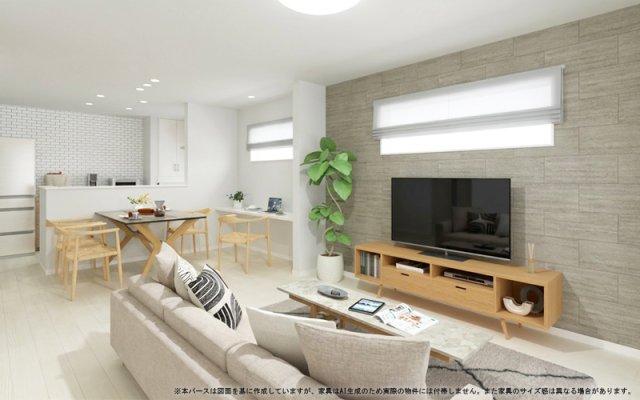 明るい色調でまとめた開放感あふれるLDK。石目調のアクセントウォールが上質な雰囲気を演出し、リビングからダイニング・キッチンまで家族のつながりを感じられる空間です。